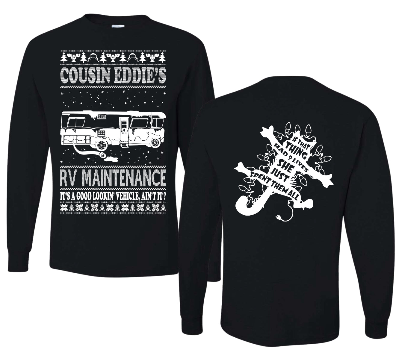 Family Vacation Cousin Eddie's RV Maintenance Ugly Christmas Front and Back Sweater Mens Long Sleeve Shirt