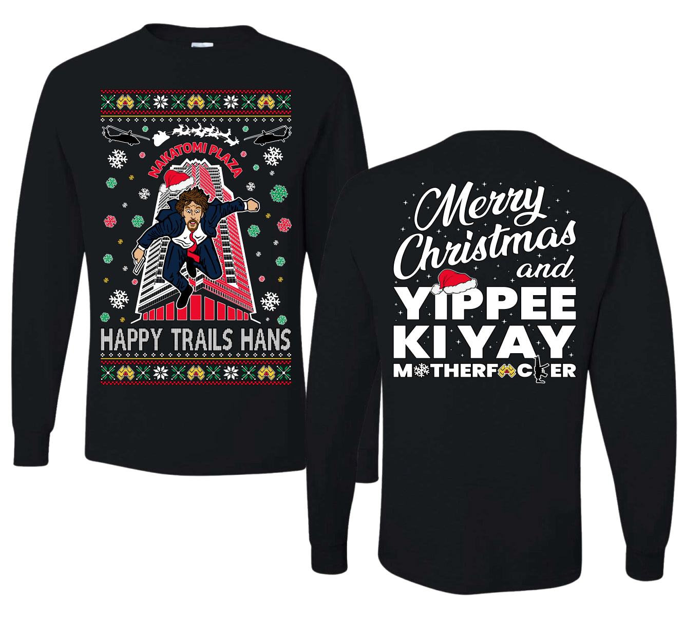 Nakatomi Plaza Happy Trails Hans Ugly Christmas Front and Back Sweater Mens Long Sleeve Shirt