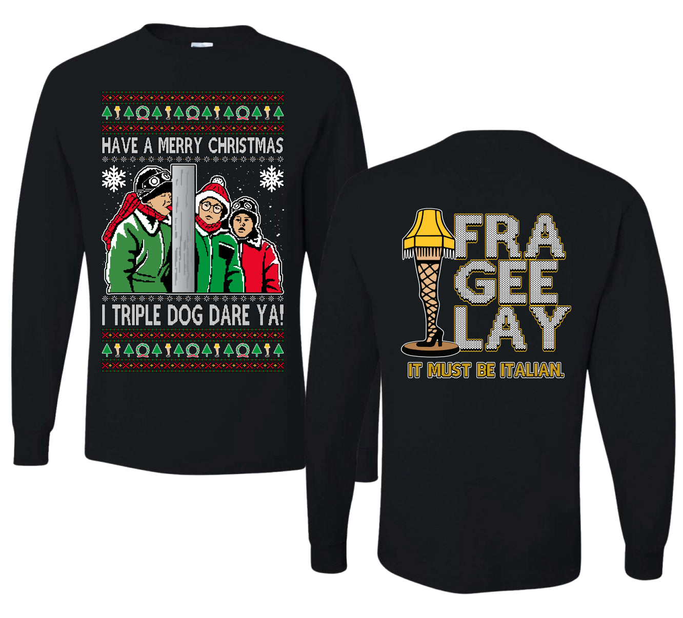 I Triple Dog Dare Ya Merry Story Ugly Christmas Front and Back Sweater Mens Long Sleeve Shirt