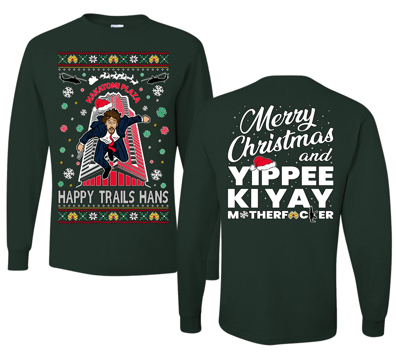 Nakatomi Plaza Happy Trails Hans Ugly Christmas Front and Back Sweater Mens Long Sleeve Shirt