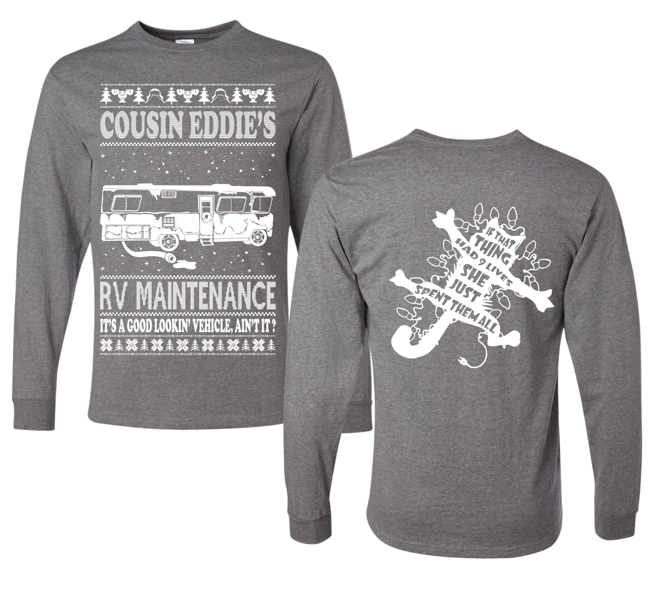 Family Vacation Cousin Eddie's RV Maintenance Ugly Christmas Front and Back Sweater Mens Long Sleeve Shirt
