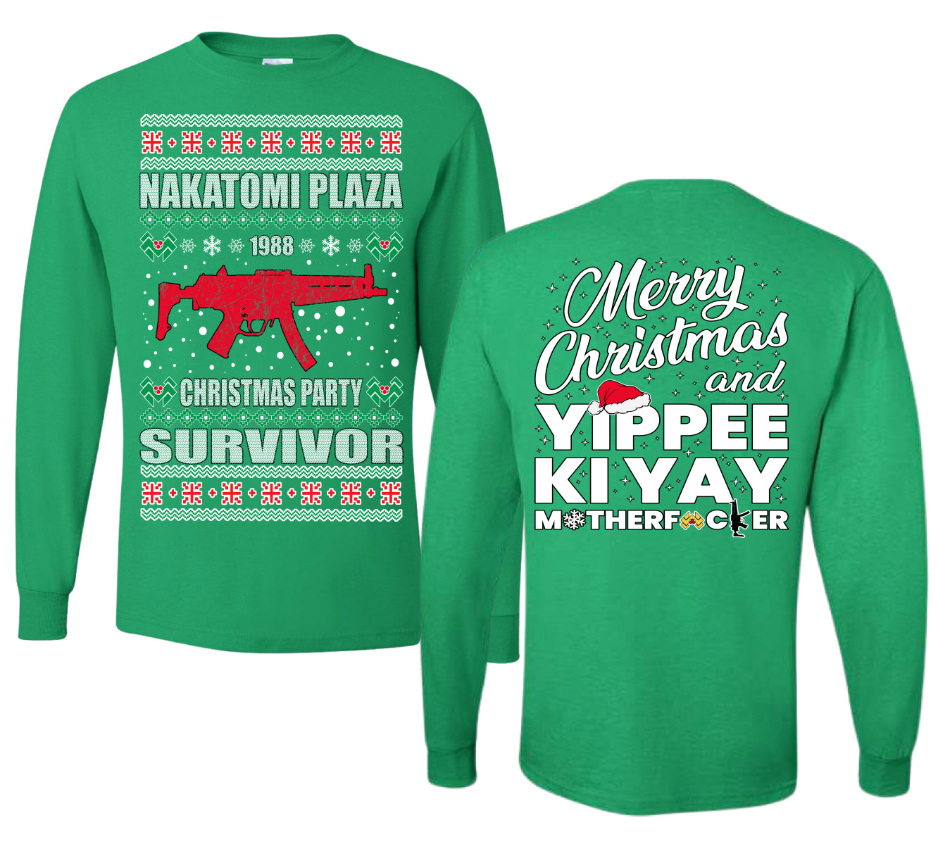 Christmas Party Survivor Nakatomi Plaza 1988 Ugly Christmas Front and Back Sweater Mens Long Sleeve Shirt