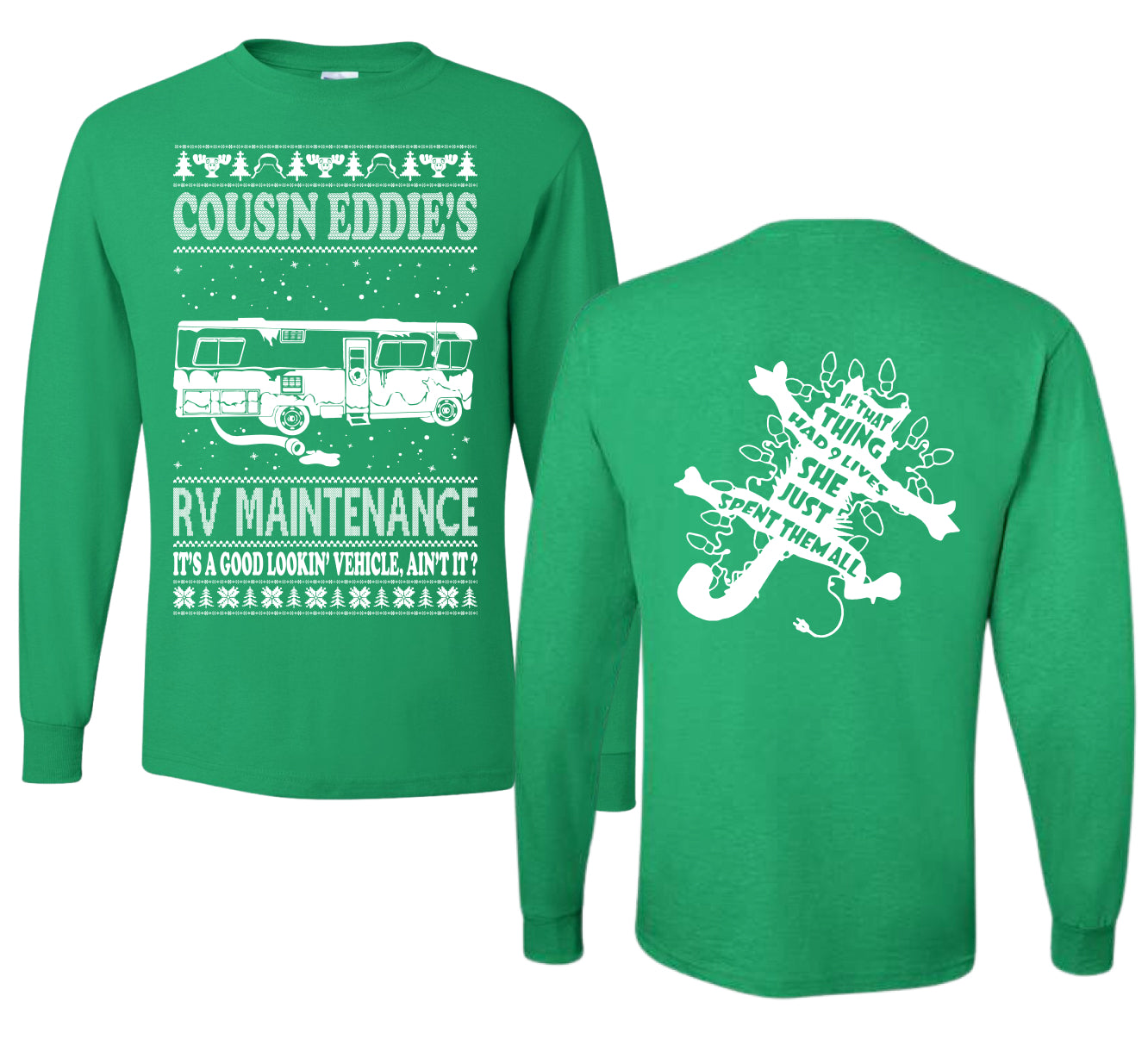 Family Vacation Cousin Eddie's RV Maintenance Ugly Christmas Front and Back Sweater Mens Long Sleeve Shirt