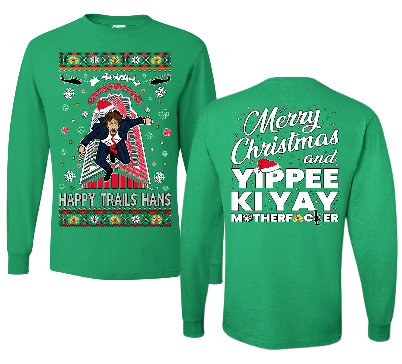 Nakatomi Plaza Happy Trails Hans Ugly Christmas Front and Back Sweater Mens Long Sleeve Shirt