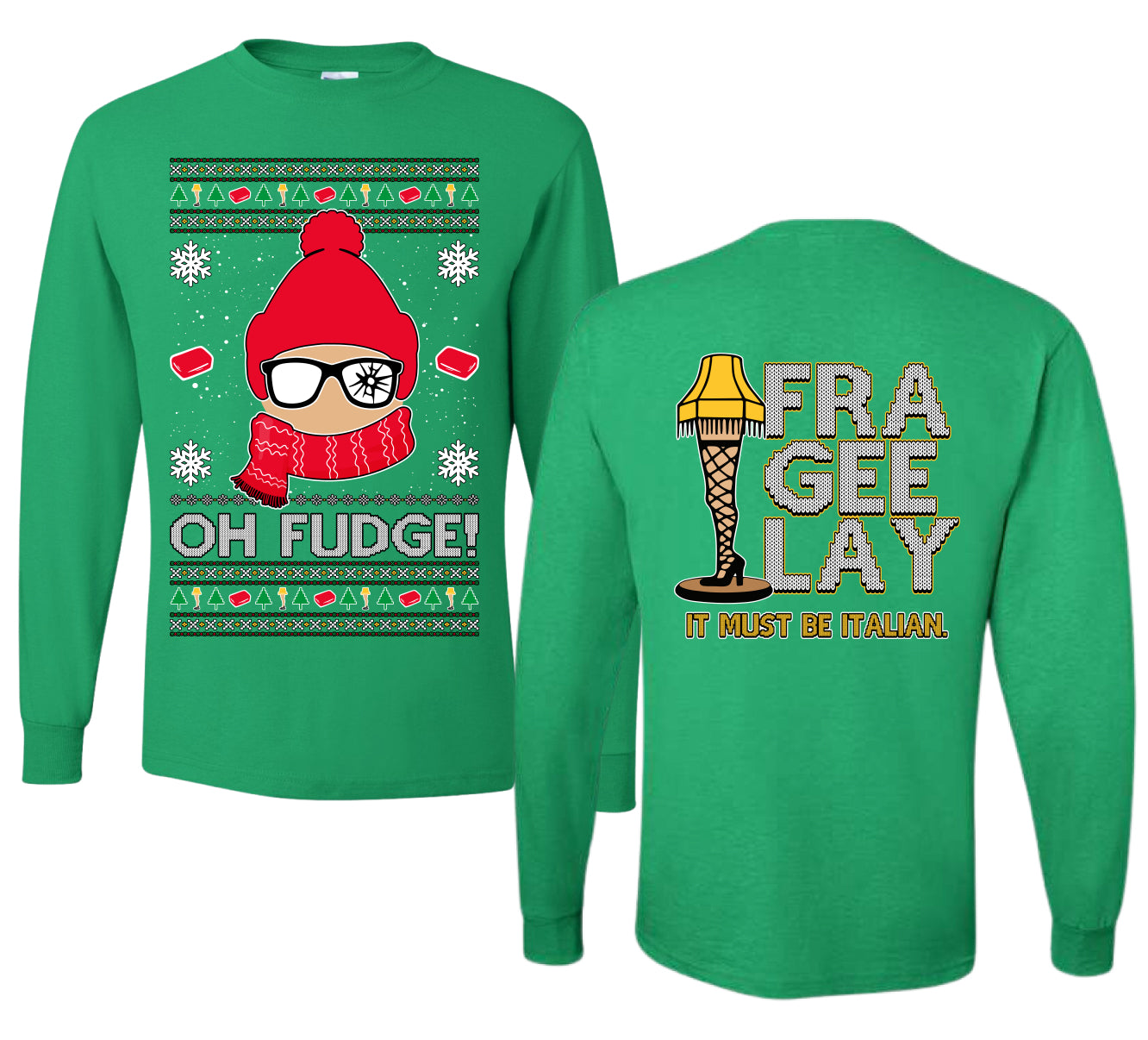 Oh Fudge Funny Story Ugly Christmas Front and Back Sweater Mens Long Sleeve Shirt