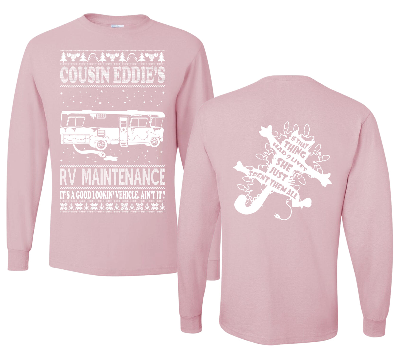 Family Vacation Cousin Eddie's RV Maintenance Ugly Christmas Front and Back Sweater Mens Long Sleeve Shirt