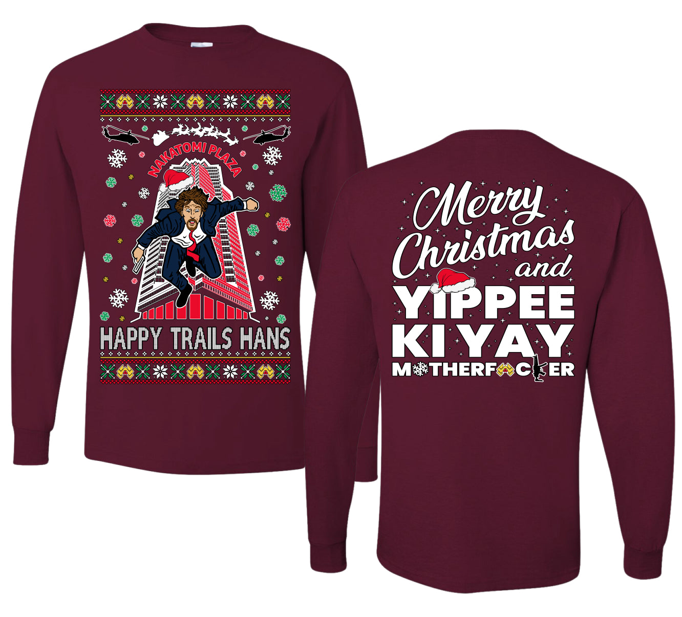 Nakatomi Plaza Happy Trails Hans Ugly Christmas Front and Back Sweater Mens Long Sleeve Shirt