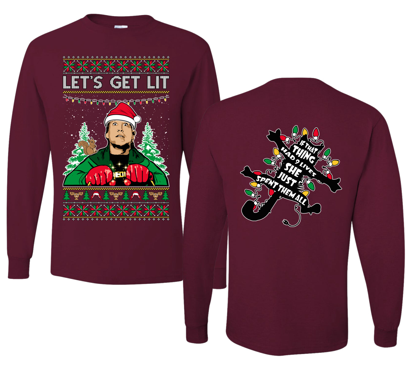 Let's Get Lit Clark Vacation Movie Parody Ugly Christmas Front and Back Sweater Mens Long Sleeve Shirt