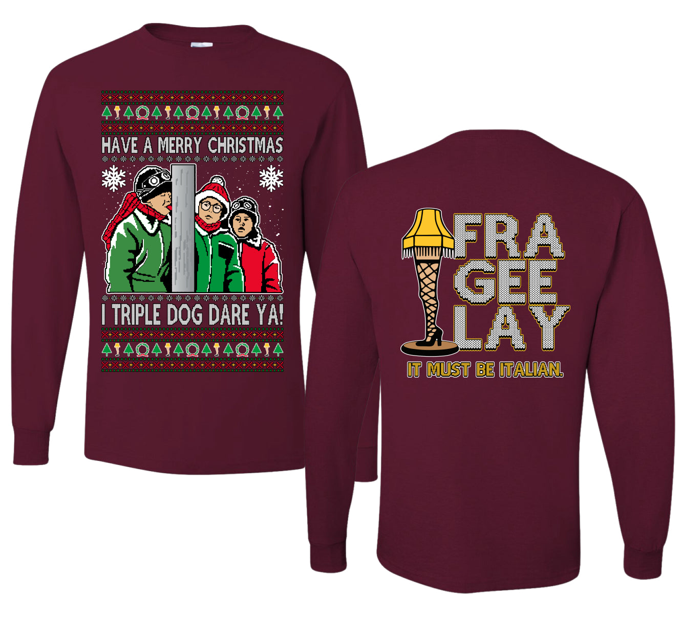 I Triple Dog Dare Ya Merry Story Ugly Christmas Front and Back Sweater Mens Long Sleeve Shirt