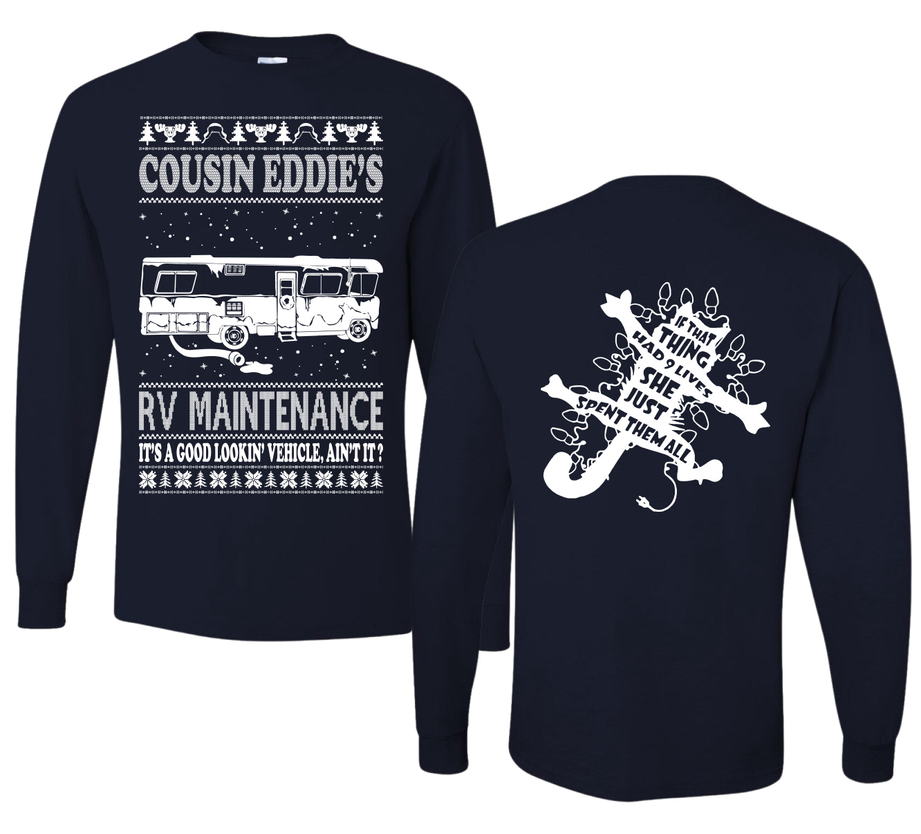 Family Vacation Cousin Eddie's RV Maintenance Ugly Christmas Front and Back Sweater Mens Long Sleeve Shirt