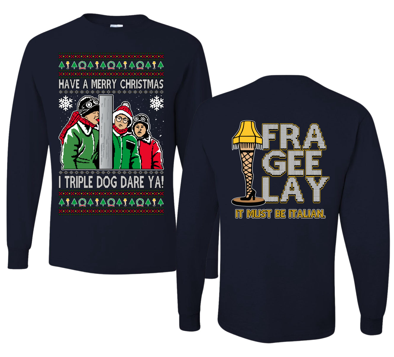 I Triple Dog Dare Ya Merry Story Ugly Christmas Front and Back Sweater Mens Long Sleeve Shirt