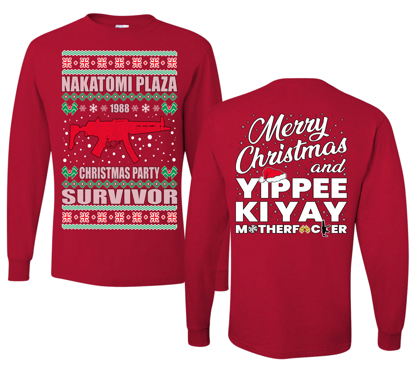 Christmas Party Survivor Nakatomi Plaza 1988 Ugly Christmas Front and Back Sweater Mens Long Sleeve Shirt