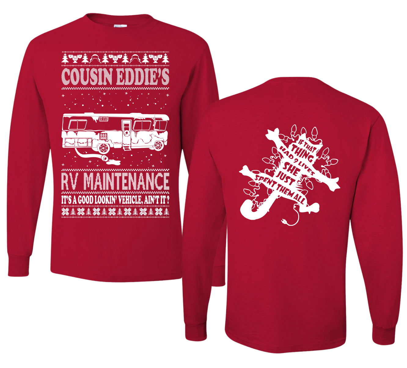 Family Vacation Cousin Eddie's RV Maintenance Ugly Christmas Front and Back Sweater Mens Long Sleeve Shirt