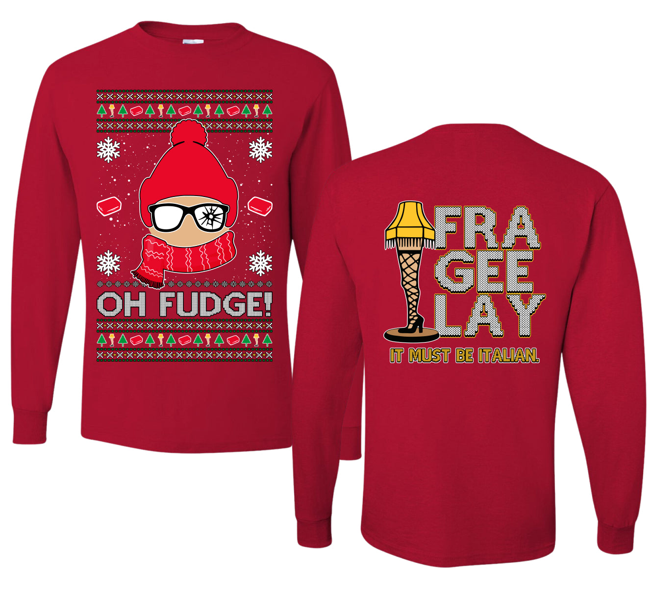 Oh Fudge Funny Story Ugly Christmas Front and Back Sweater Mens Long Sleeve Shirt
