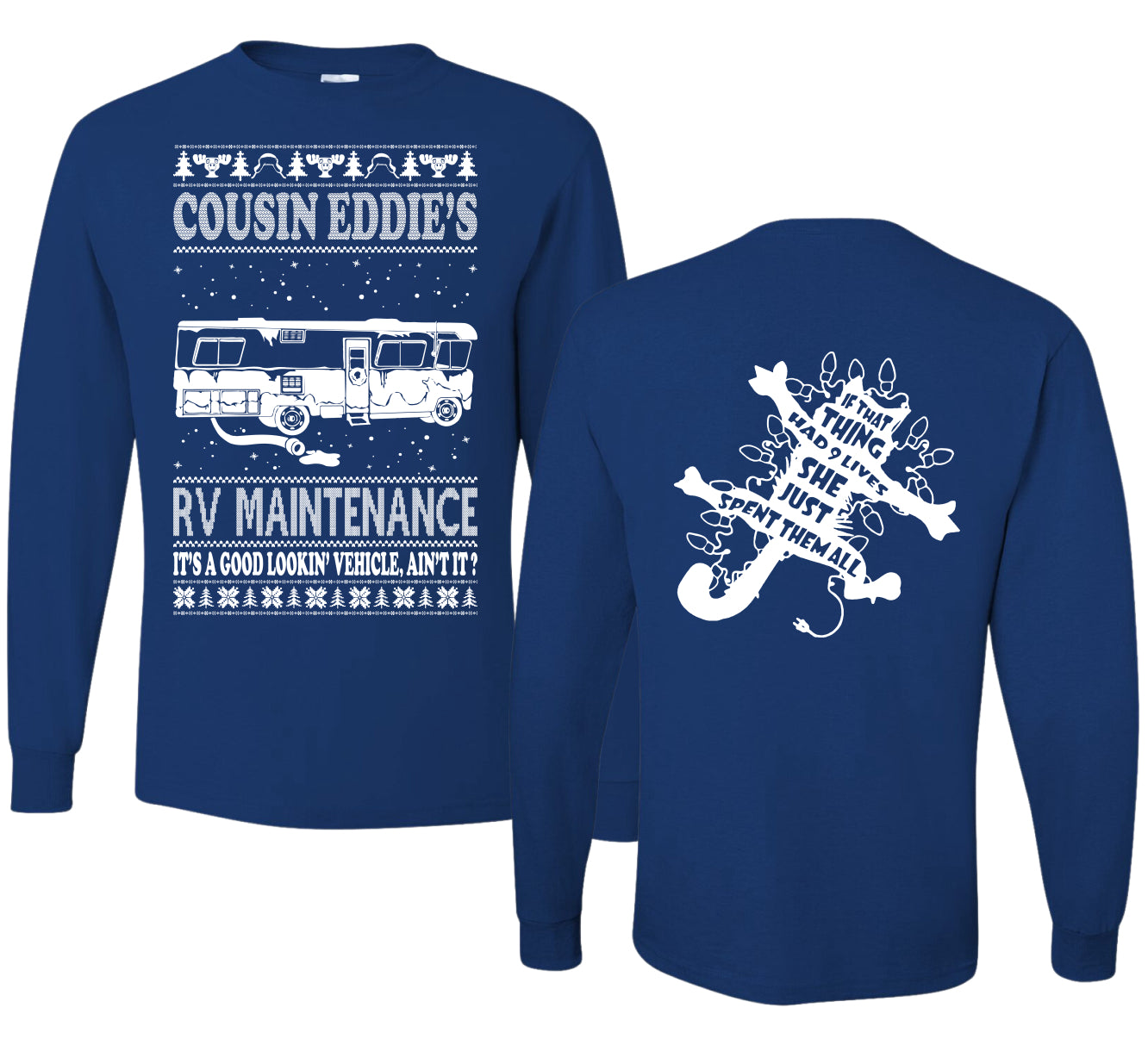 Family Vacation Cousin Eddie's RV Maintenance Ugly Christmas Front and Back Sweater Mens Long Sleeve Shirt