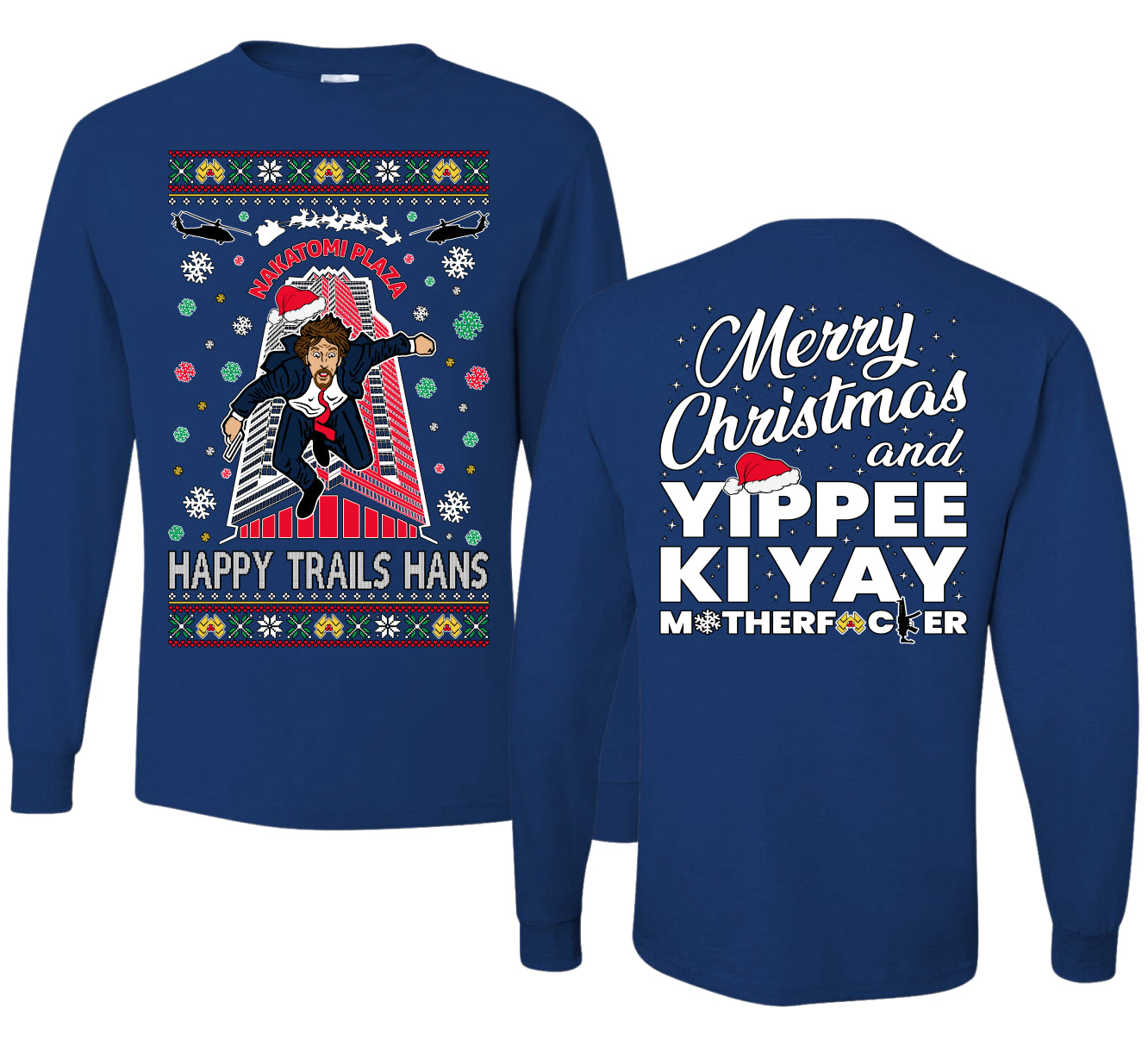 Nakatomi Plaza Happy Trails Hans Ugly Christmas Front and Back Sweater Mens Long Sleeve Shirt