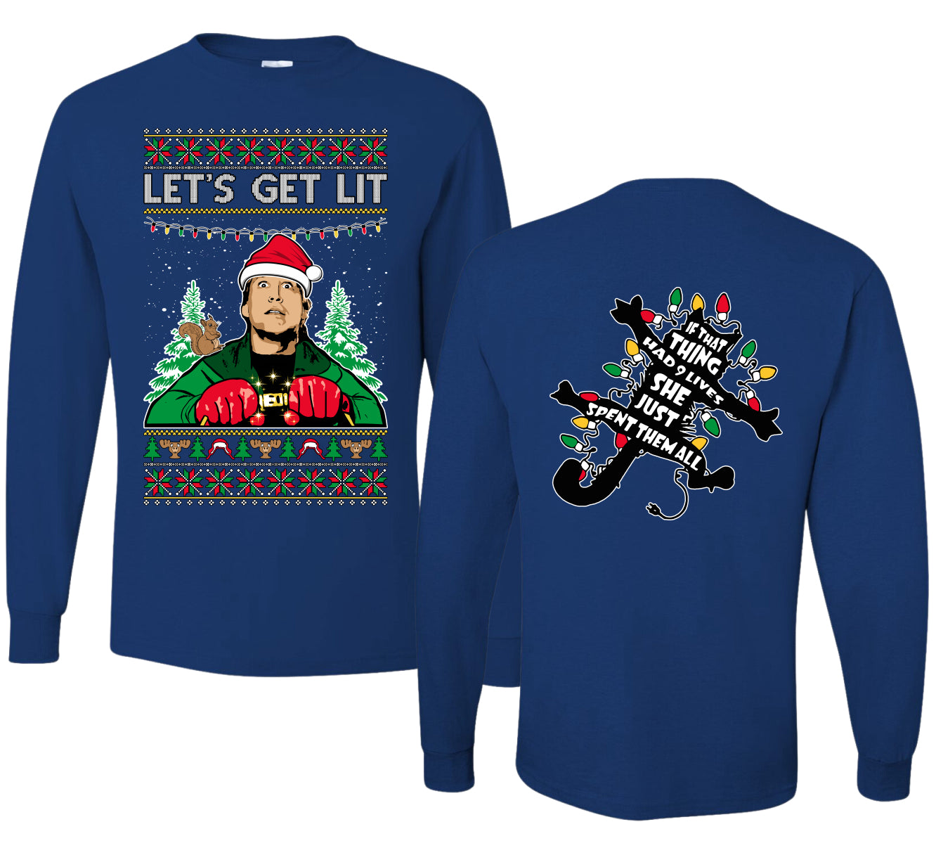 Let's Get Lit Clark Vacation Movie Parody Ugly Christmas Front and Back Sweater Mens Long Sleeve Shirt