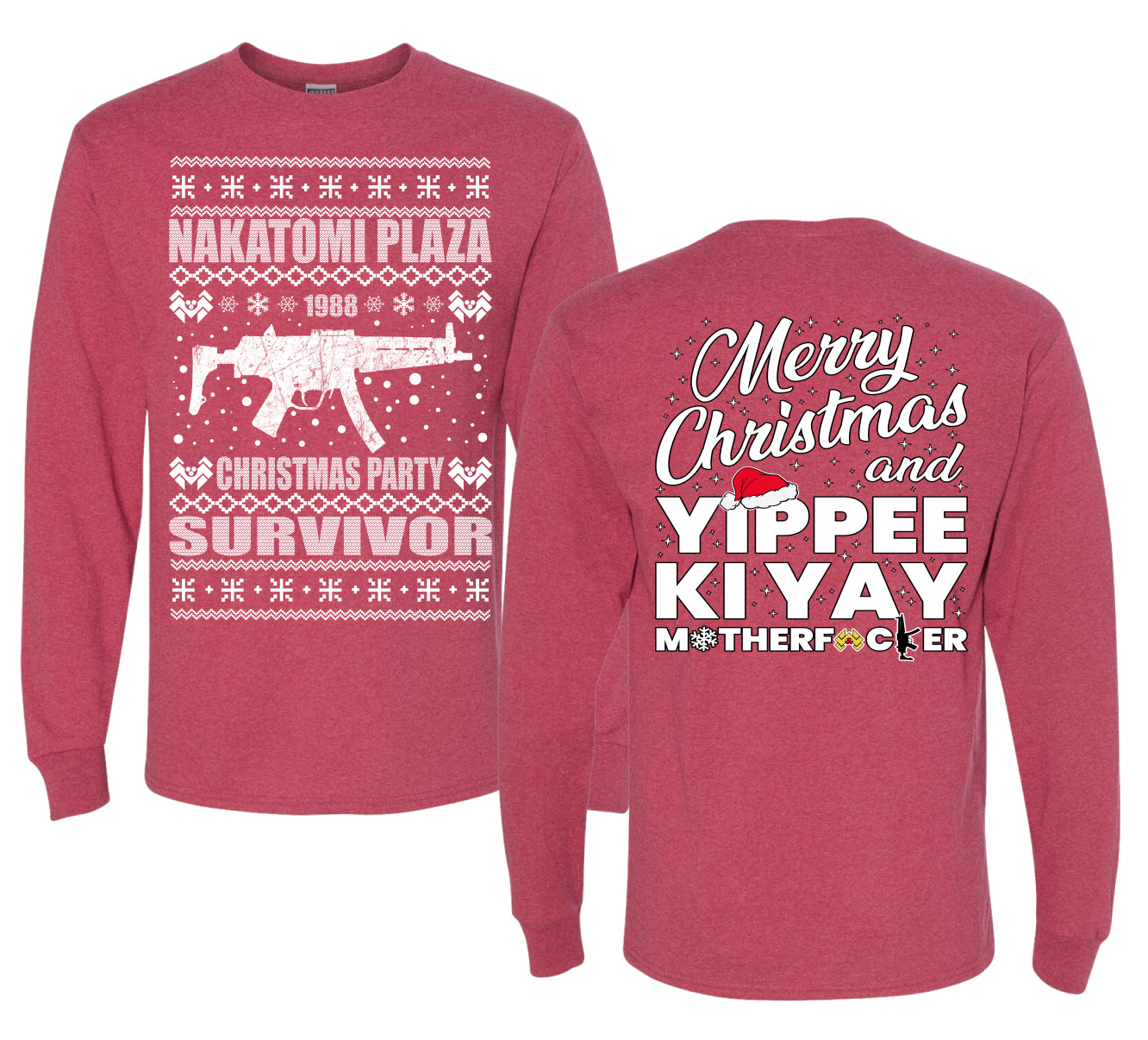 Nakatomi Plaza Christmas Party Survivor 1988 Ugly Christmas Front and Back Sweater Mens Long Sleeve Shirt