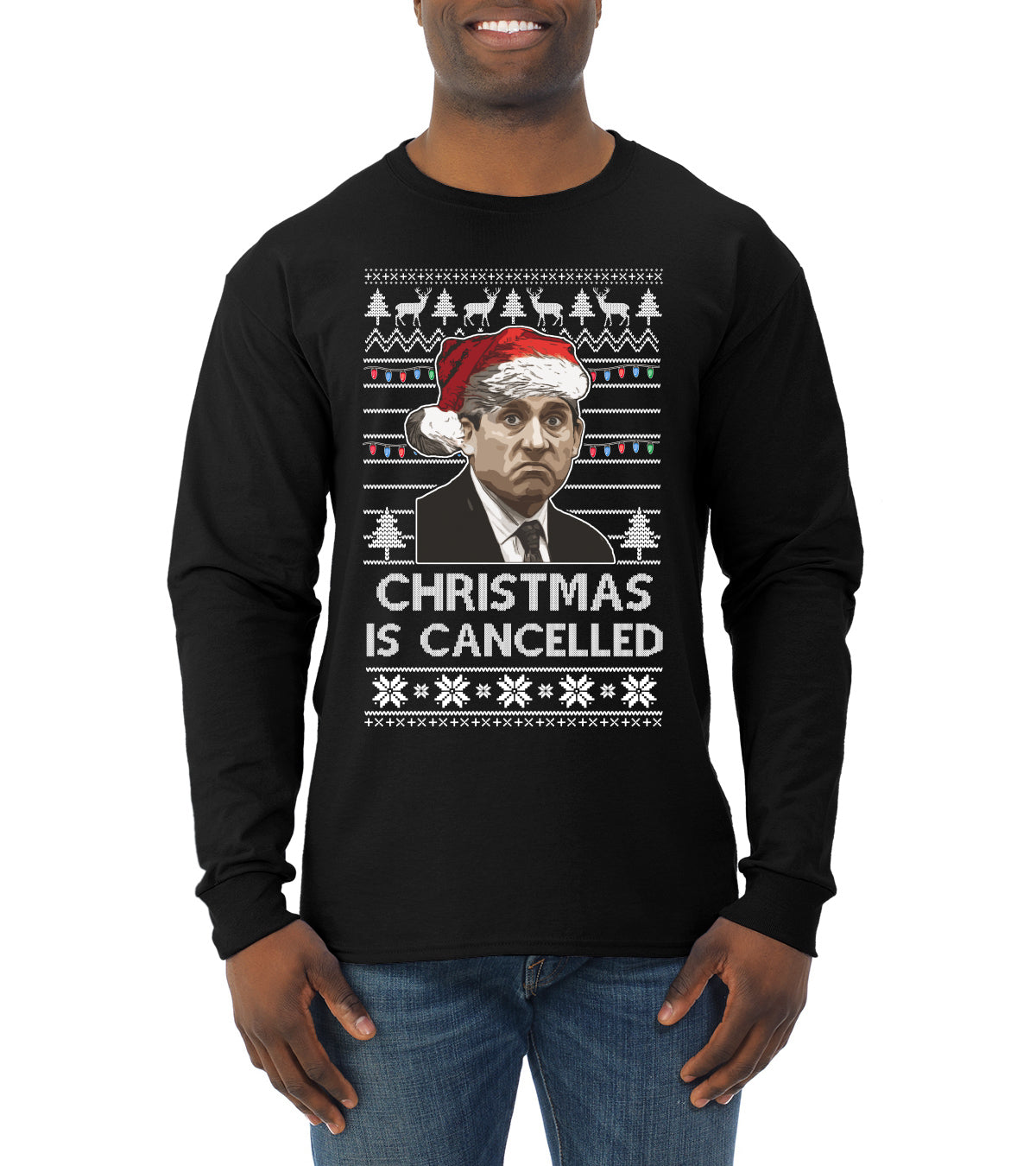Christmas Is Cancelled Michael Scott Office Ugly Christmas Sweater Mens Long Sleeve Shirt