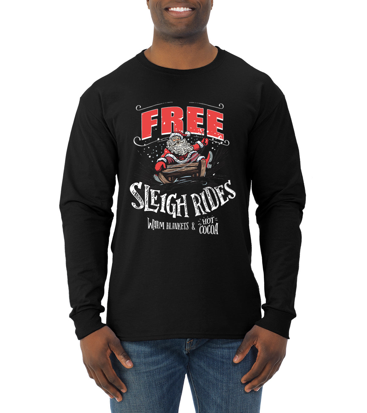 Free Sleigh Rides Warm Blankets & Hot Cocoa Christmas Mens Long Sleeve Shirt