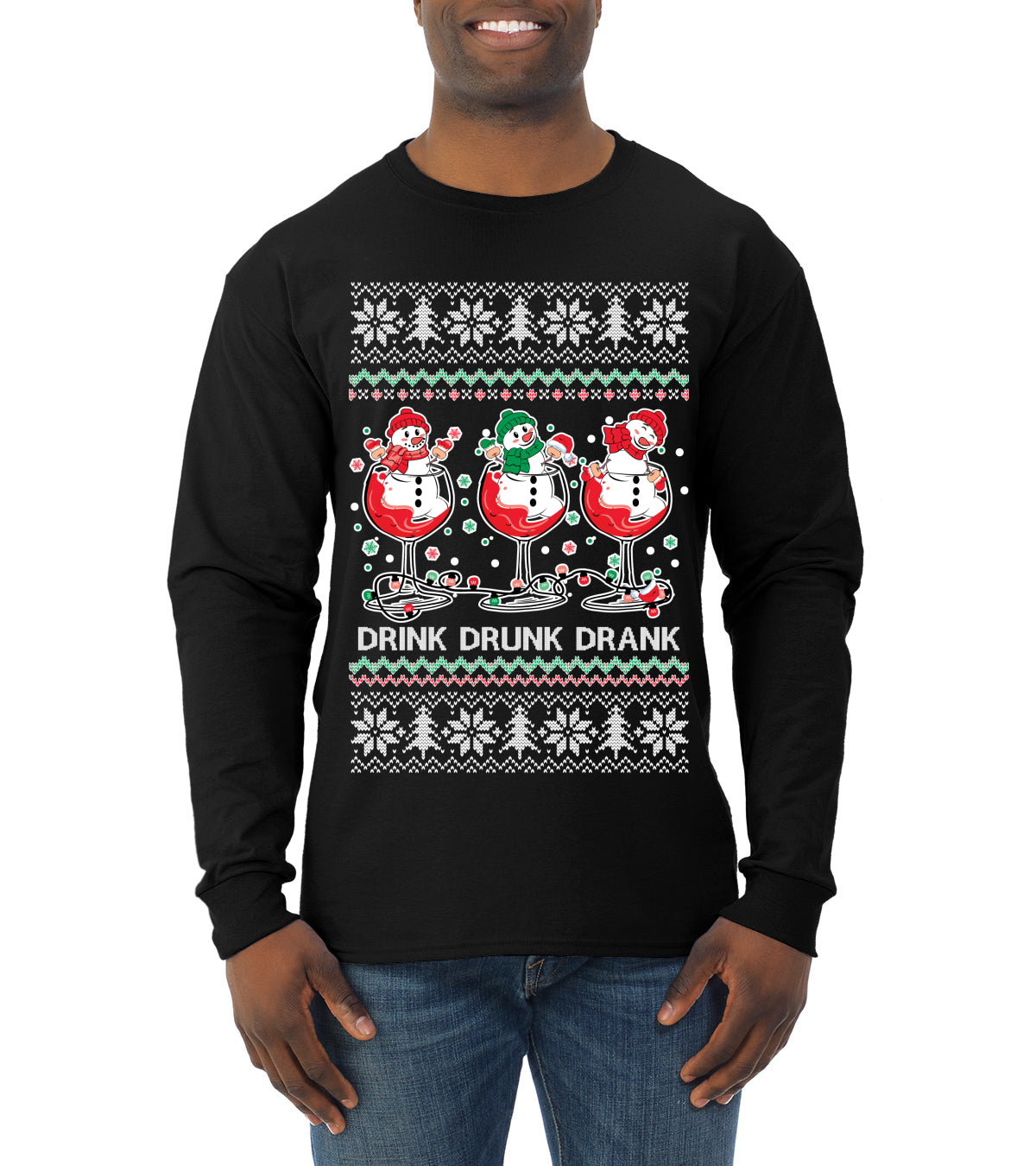 Holiday Spirits Drink Drank Drunk Snowmen Ugly Christmas Sweater Mens Long Sleeve Shirt