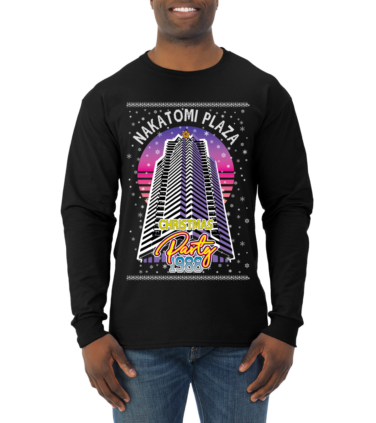 Retro Nakatomi Plaza 1988 Holiday Party Ugly Christmas Sweater Mens Long Sleeve Shirt