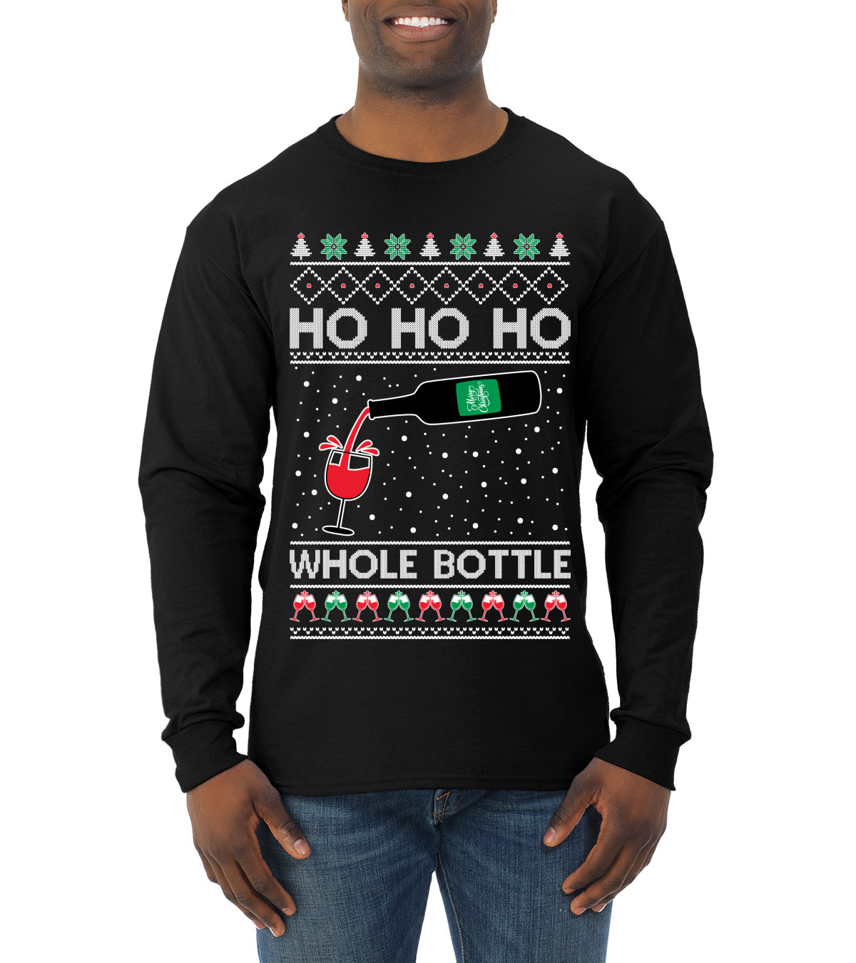 Ho Ho Ho Whole Bottle Wine Spirits Ugly Christmas Sweater Mens Long Sleeve Shirt
