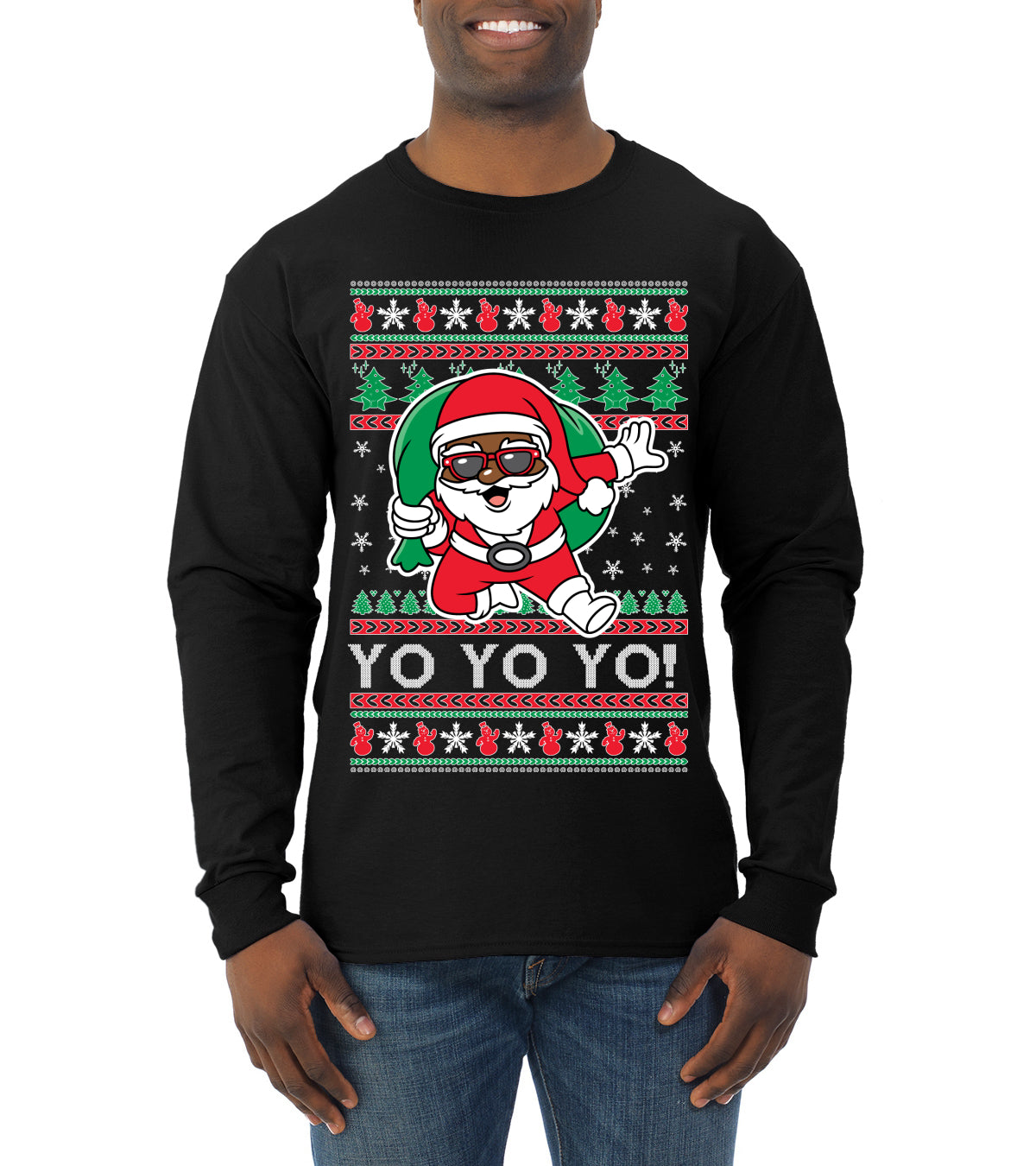 Yo Yo Yo Black Santa Ugly Christmas Sweater Mens Long Sleeve Shirt