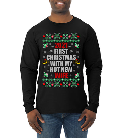 First Christmas With My Hot New Wife Individual Couples  Ugly Christmas Sweater Mens Long Sleeve Shirt