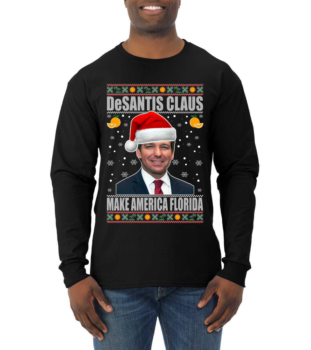 DeSantis Claus Ugly Christmas Sweater Mens Long Sleeve Shirt