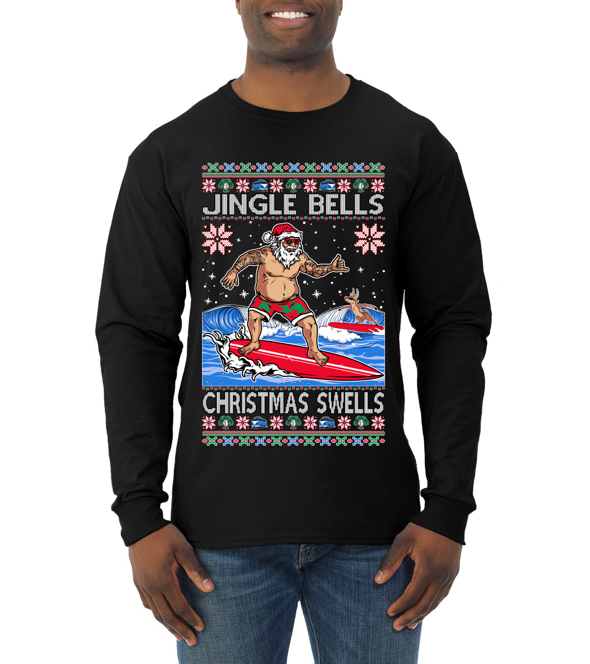 Santa Surfing Jingle Bells Christmas Swells Ugly Christmas Sweater Mens Long Sleeve Shirt