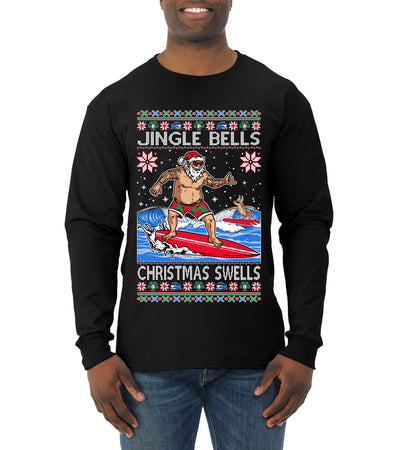 Santa Surfing Jingle Bells Christmas Swells Ugly Christmas Sweater Mens Long Sleeve Shirt