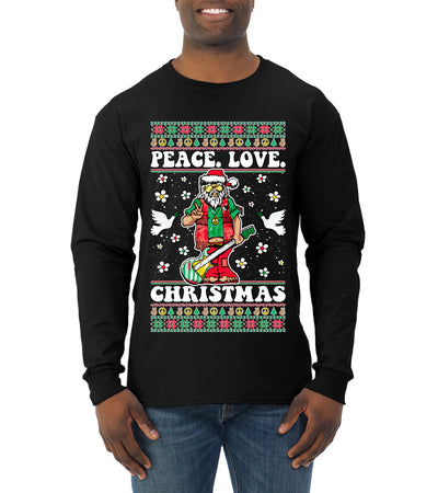 Hippie Santa Playing Guitar Peace Love Ugly Christmas Sweater Mens Long Sleeve Shirt