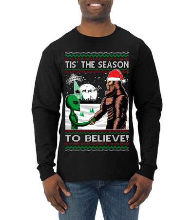 Bigfoot Tis' The Season to Believe in Conspiracies Aliens Ufo  Ugly Christmas Sweater Mens Long Sleeve Shirt