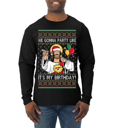Gonna Party Like It's My Birthday Jesus Ugly Christmas Sweater Mens Long Sleeve Shirt
