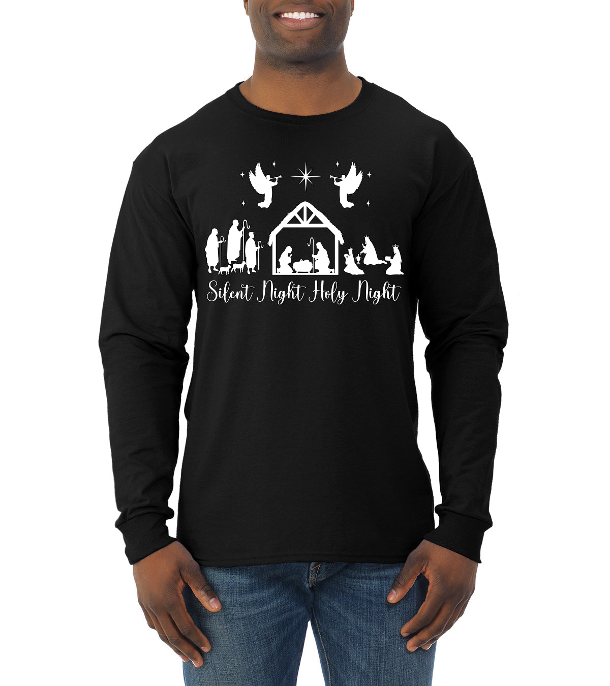 Silent Night Holy Night Religious Jesus Christmas Mens Long Sleeve Shirt