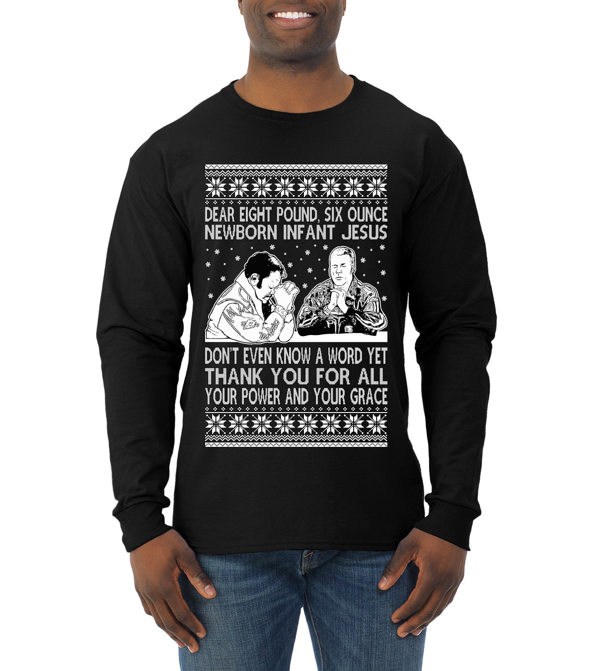 8 Pound 6 Ounce Baby Jesus Shake and Bake  Ugly Christmas Sweater Mens Long Sleeve Shirt