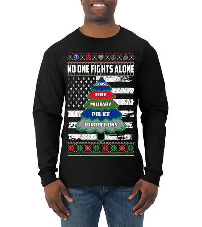 No One Fights Alone Holiday First Responder Police Fire Emt Ugly Christmas Sweater Mens Long Sleeve Shirt