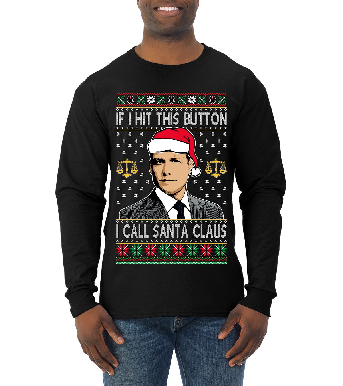 Harvey Hit This Button I Call Santa Specter TV Show Parody Ugly Christmas Sweater Mens Long Sleeve Shirt