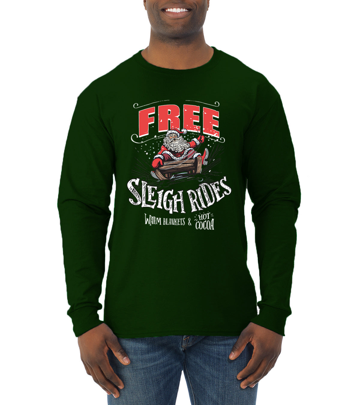 Free Sleigh Rides Warm Blankets & Hot Cocoa Christmas Mens Long Sleeve Shirt