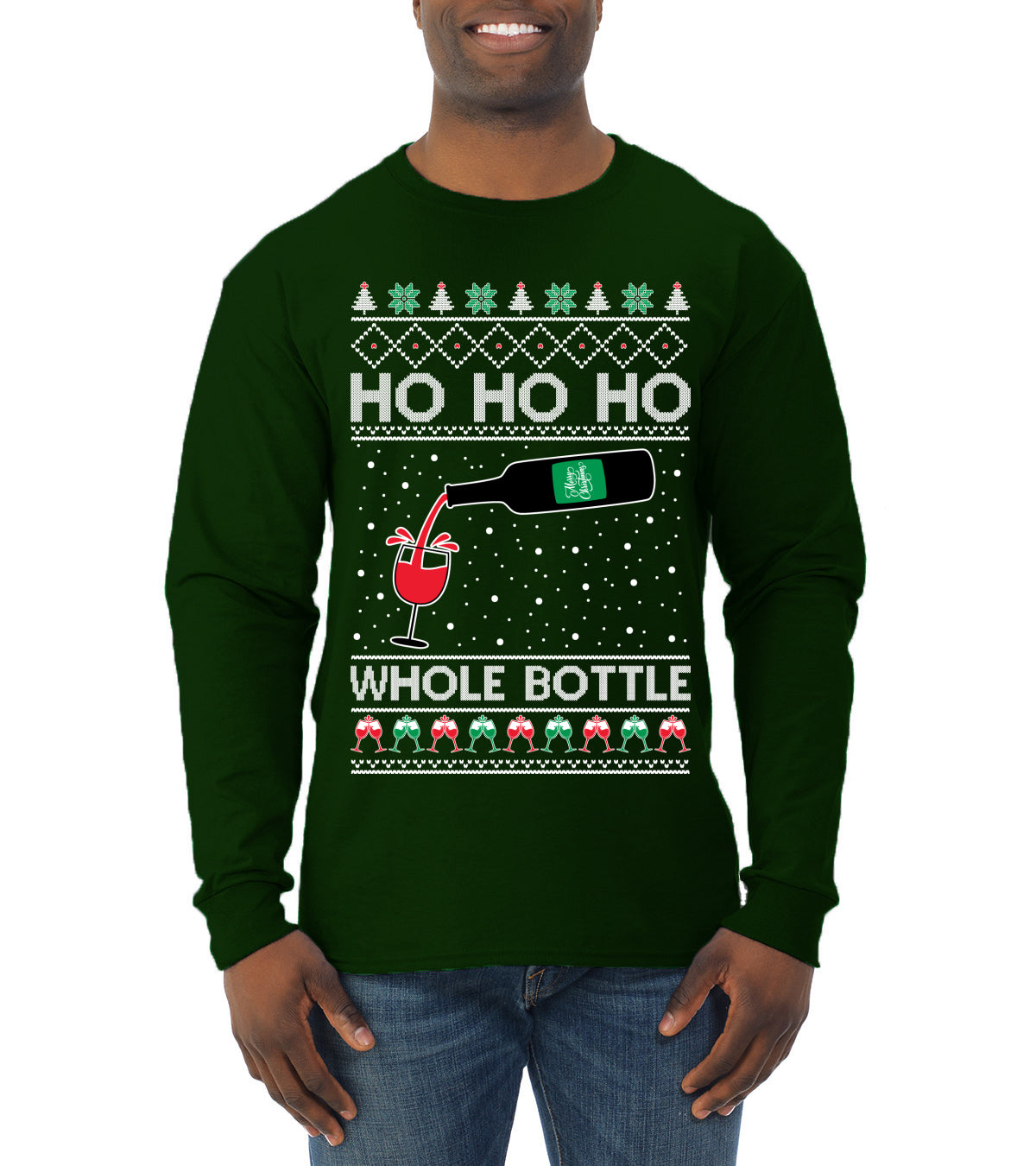 Ho Ho Ho Whole Bottle Wine Spirits Ugly Christmas Sweater Mens Long Sleeve Shirt