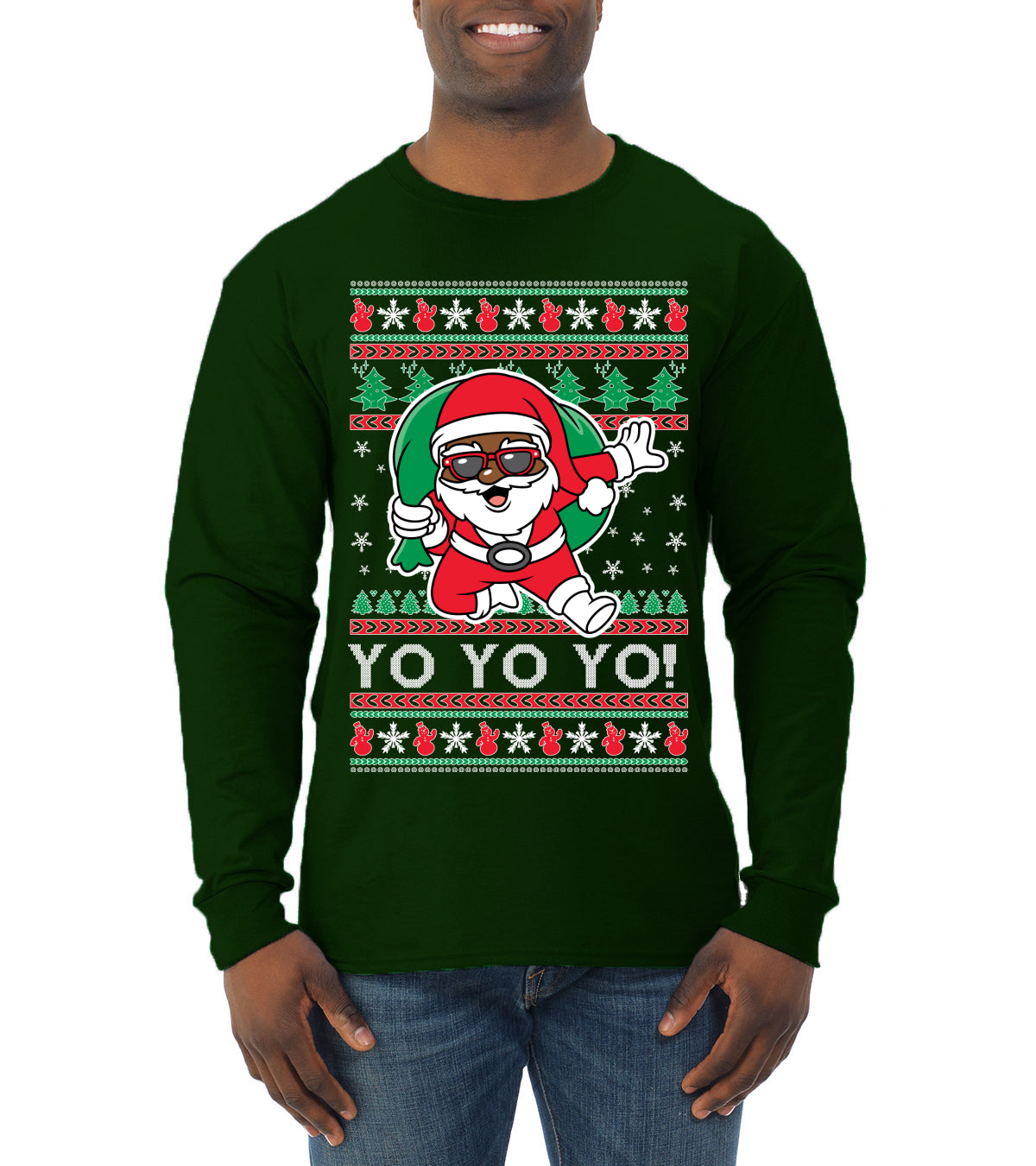Yo Yo Yo Black Santa Ugly Christmas Sweater Mens Long Sleeve Shirt