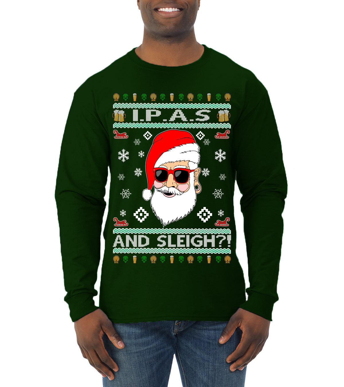 Original Hipster IPAs and Sleigh?!  Ugly Christmas Sweater Mens Long Sleeve Shirt