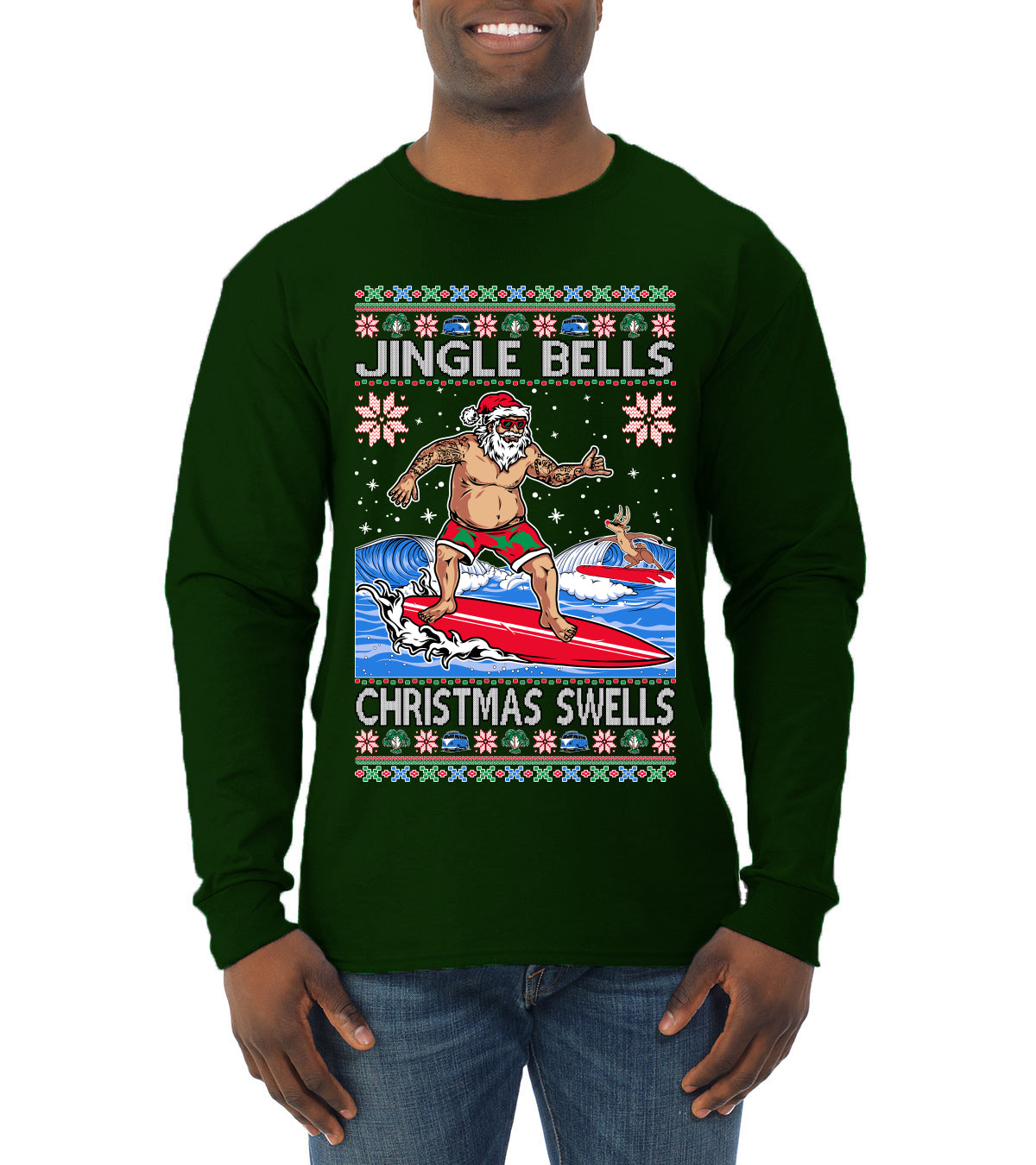 Santa Surfing Jingle Bells Christmas Swells Ugly Christmas Sweater Mens Long Sleeve Shirt