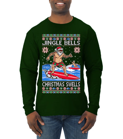 Santa Surfing Jingle Bells Christmas Swells Ugly Christmas Sweater Mens Long Sleeve Shirt