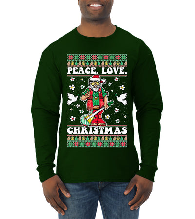 Hippie Santa Playing Guitar Peace Love Ugly Christmas Sweater Mens Long Sleeve Shirt