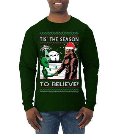 Bigfoot Tis' The Season to Believe in Conspiracies Aliens Ufo  Ugly Christmas Sweater Mens Long Sleeve Shirt