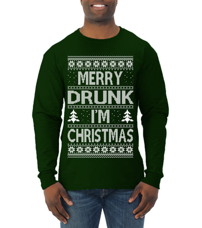 Merry Drunk I'm Christmas Beer Wine Drinking Holiday Humor  Ugly Christmas Sweater Mens Long Sleeve Shirt