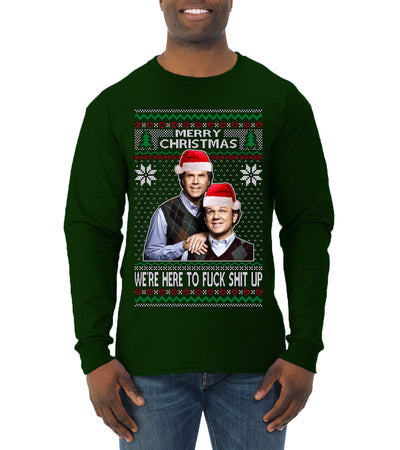 Here To F Stuff Up Step Brothers Holiday Pose Ugly Christmas Sweater Mens Long Sleeve Shirt
