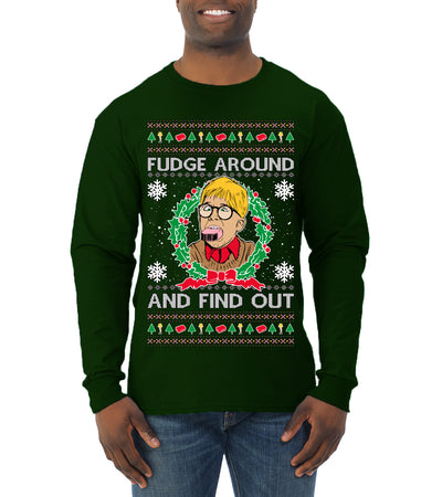Fudge Around And Find Out Story Ugly Christmas Sweater Mens Long Sleeve Shirt